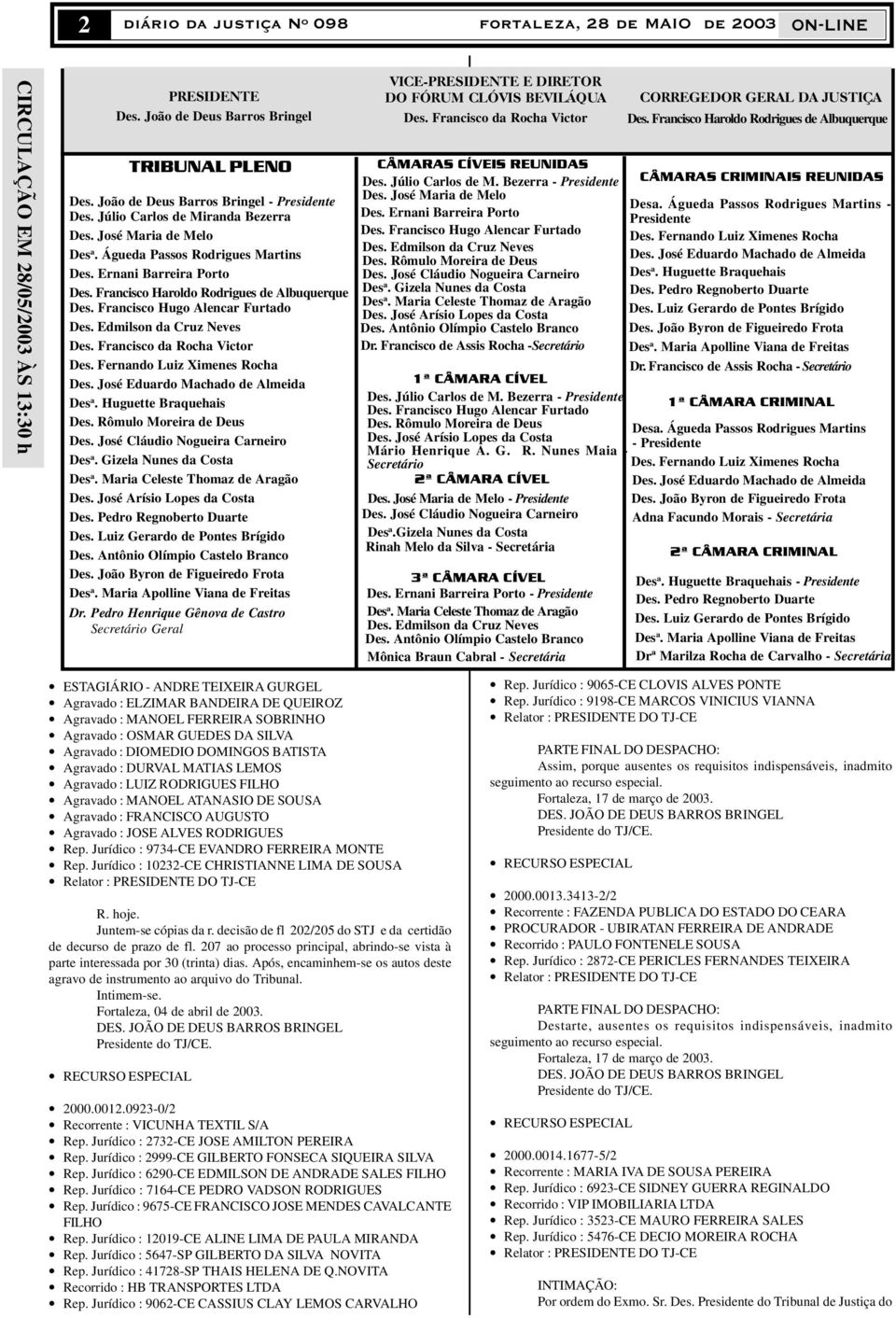 Francisco Hugo Alencar Furtado Des. Edmilson da Cruz Neves Des. Francisco da Rocha Victor Des. Fernando Luiz Ximenes Rocha Des. José Eduardo Machado de Almeida Des a. Huguette Braquehais Des.