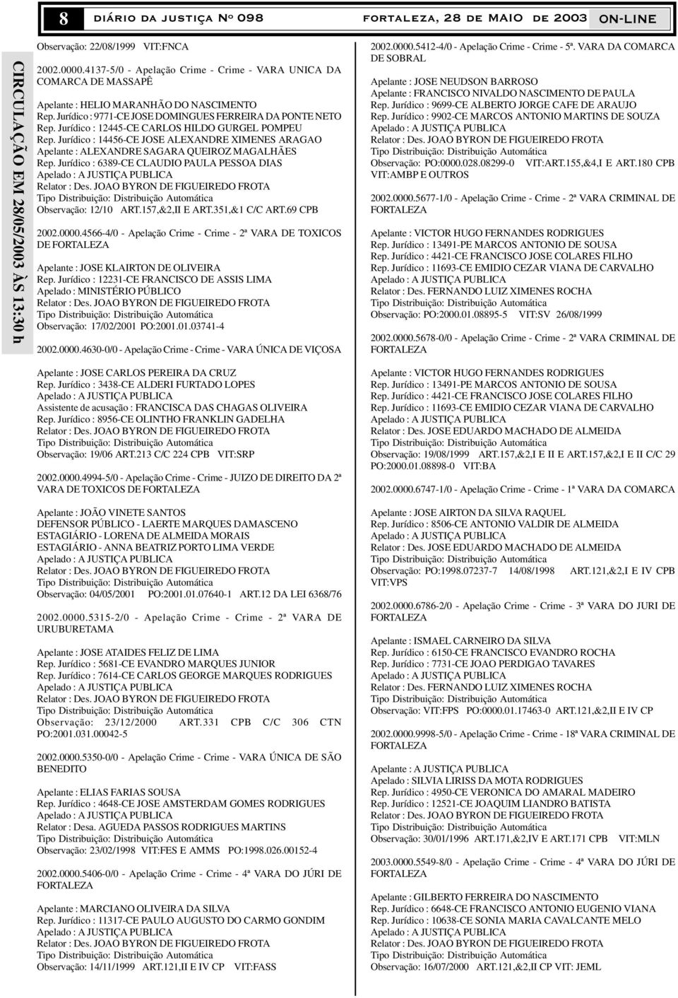 Jurídico : 12445-CE CARLOS HILDO GURGEL POMPEU Rep. Jurídico : 14456-CE JOSE ALEXANDRE XIMENES ARAGAO Apelante : ALEXANDRE SAGARA QUEIROZ MAGALHÃES Rep.