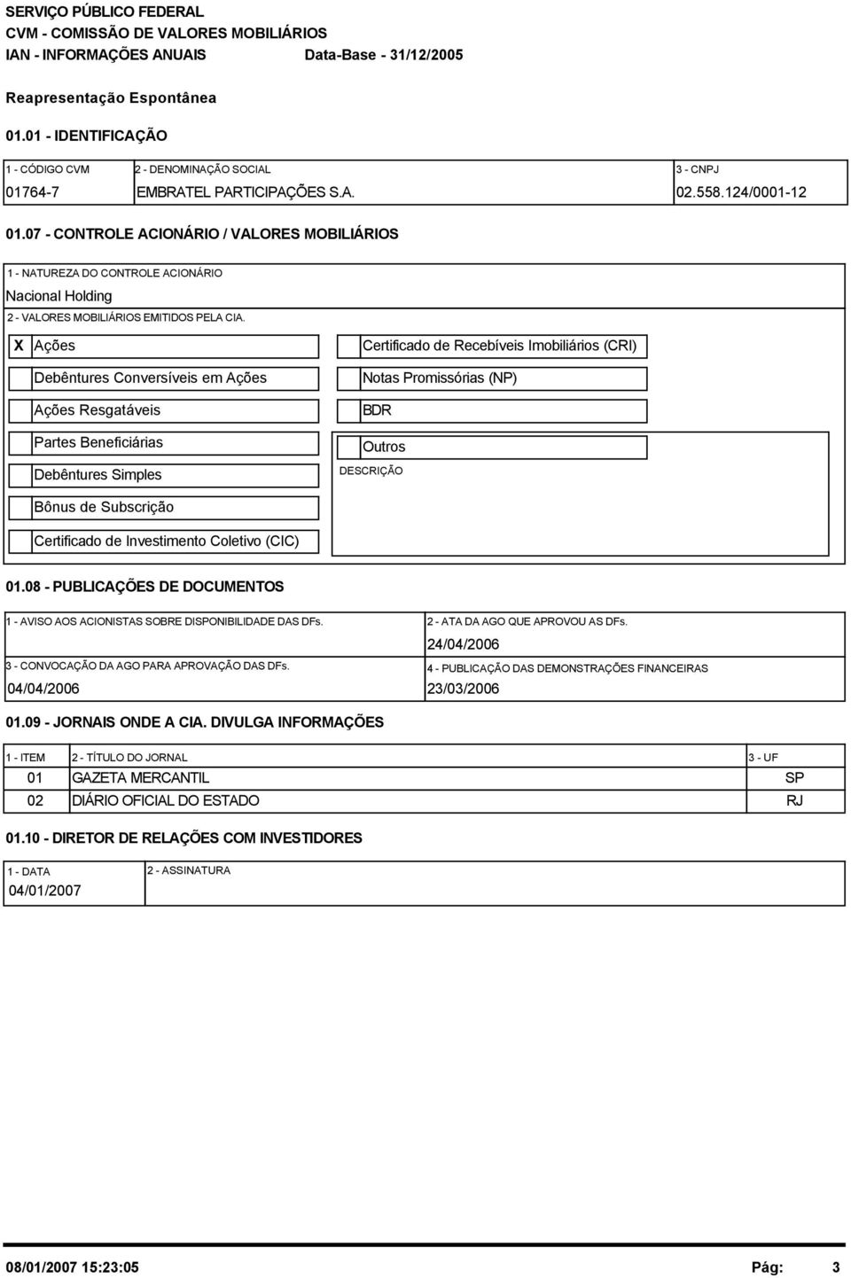 07 - CONTROLE ACIONÁRIO / VALORES MOBILIÁRIOS 1 - NATUREZA DO CONTROLE ACIONÁRIO Nacional Holding 2 - VALORES MOBILIÁRIOS EMITIDOS PELA CIA.