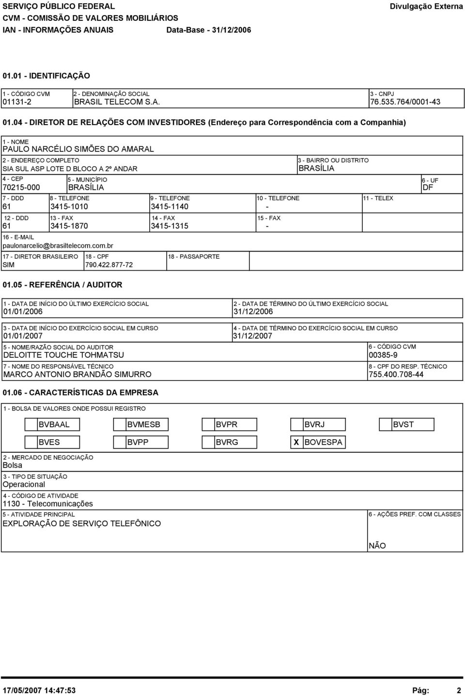 4 - DIRETOR DE RELAÇÕES COM INVESTIDORES (Endereço para Correspondência com a Companhia) 1 - NOME PAULO NARCÉLIO SIMÕES DO AMARAL 2 - ENDEREÇO COMPLETO SIA SUL ASP LOTE D BLOCO A 2º ANDAR 4 - CEP