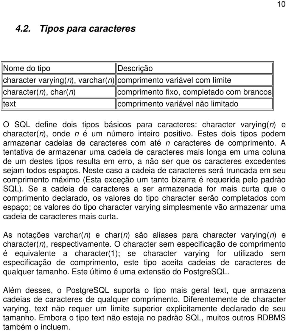 não limitado O SQL define dois tipos básicos para caracteres: character varying(n) e character(n), onde n é um número inteiro positivo.