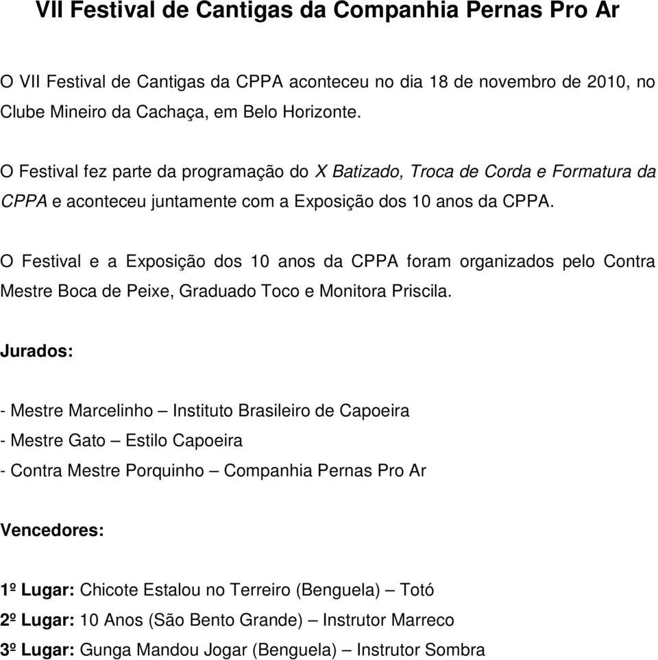 O Festival e a Exposição dos 10 anos da CPPA foram organizados pelo Contra Mestre Boca de Peixe, Graduado Toco e Monitora Priscila.