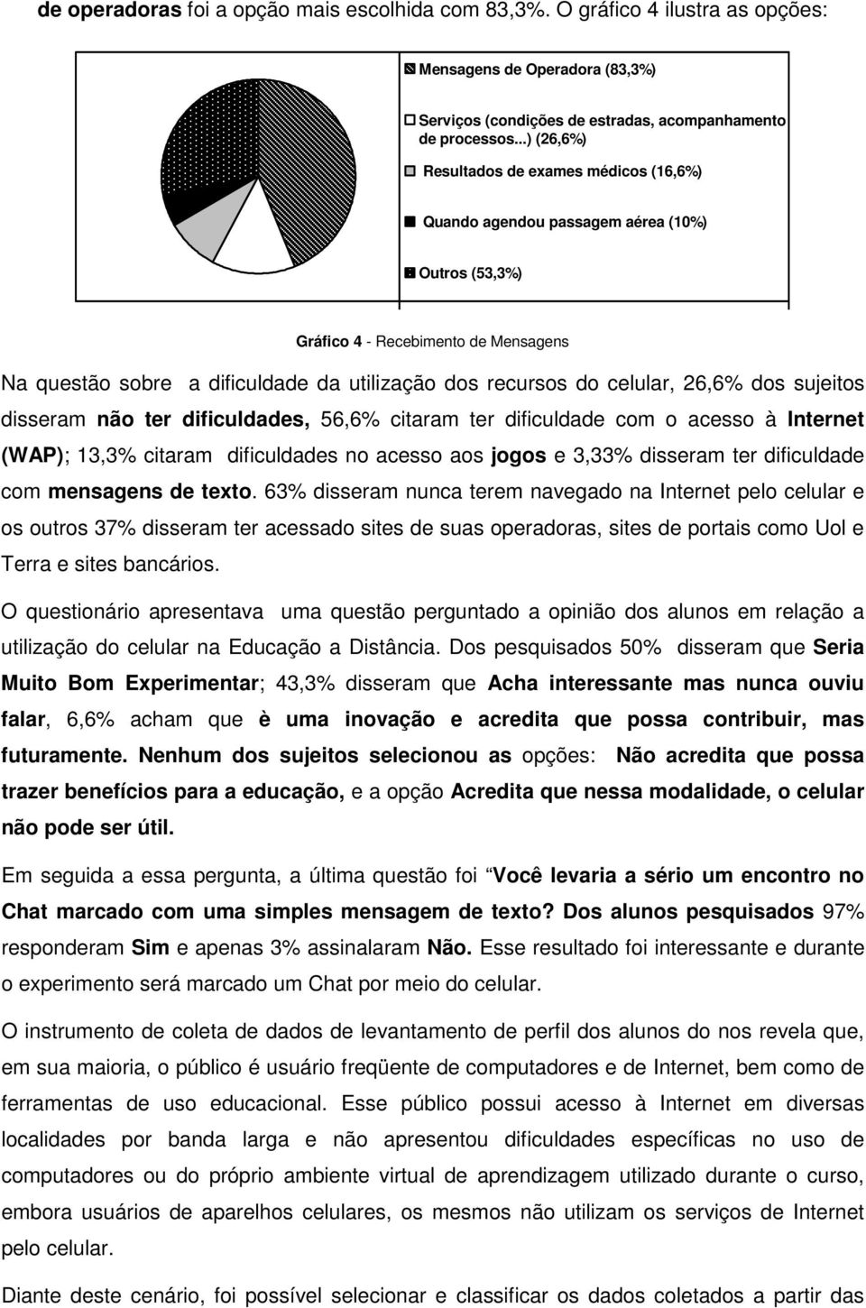 celular, 26,6% dos sujeitos disseram não ter dificuldades, 56,6% citaram ter dificuldade com o acesso à Internet (WAP); 13,3% citaram dificuldades no acesso aos jogos e 3,33% disseram ter dificuldade