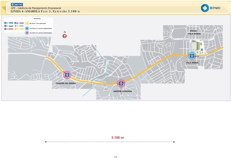 100 m PMO Estações: L1 Azul L5 Lilás da Fase 1 em operação L2 Verde L9 Esmeralda L3 Vermelha L4 Amarela da