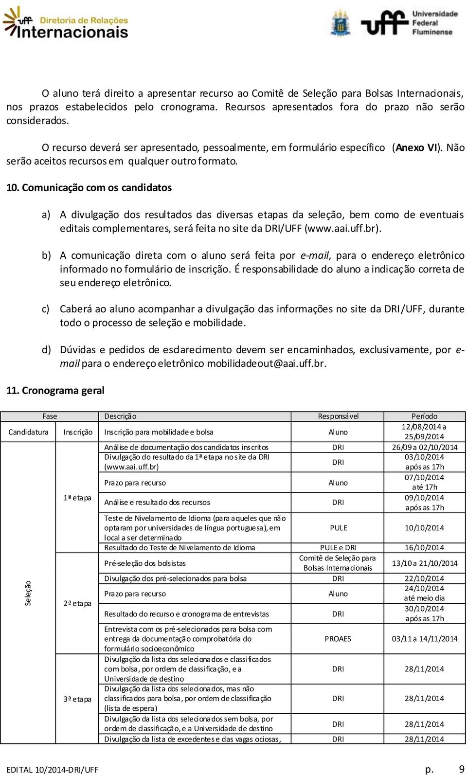 Comunicação com os candidatos a) A divulgação dos resultados das diversas etapas da seleção, bem como de eventuais editais complementares, será feita no site da DRI/UFF (www.aai.uff.br).