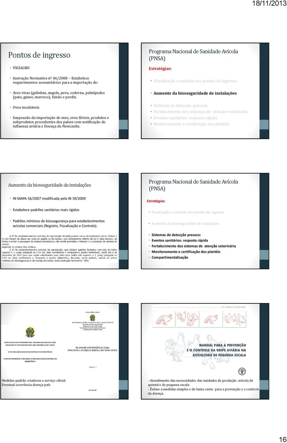 Programa Nacional de Sanidade Avícola (PNSA) Estratégias: Fiscalização e controle nos pontos de ingresso Aumento da biosseguridade de instalações Sistemas de detecção precoce: Fortalecimento dos