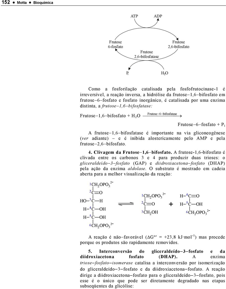 frutose 1,6 bifosfatase é importante na via gliconeogênese (ver adiante) e é inibida alostericamente pelo AMP e pela frutose,6 bifosfato. 4. livagem da Frutose 1,6 bifosfato.