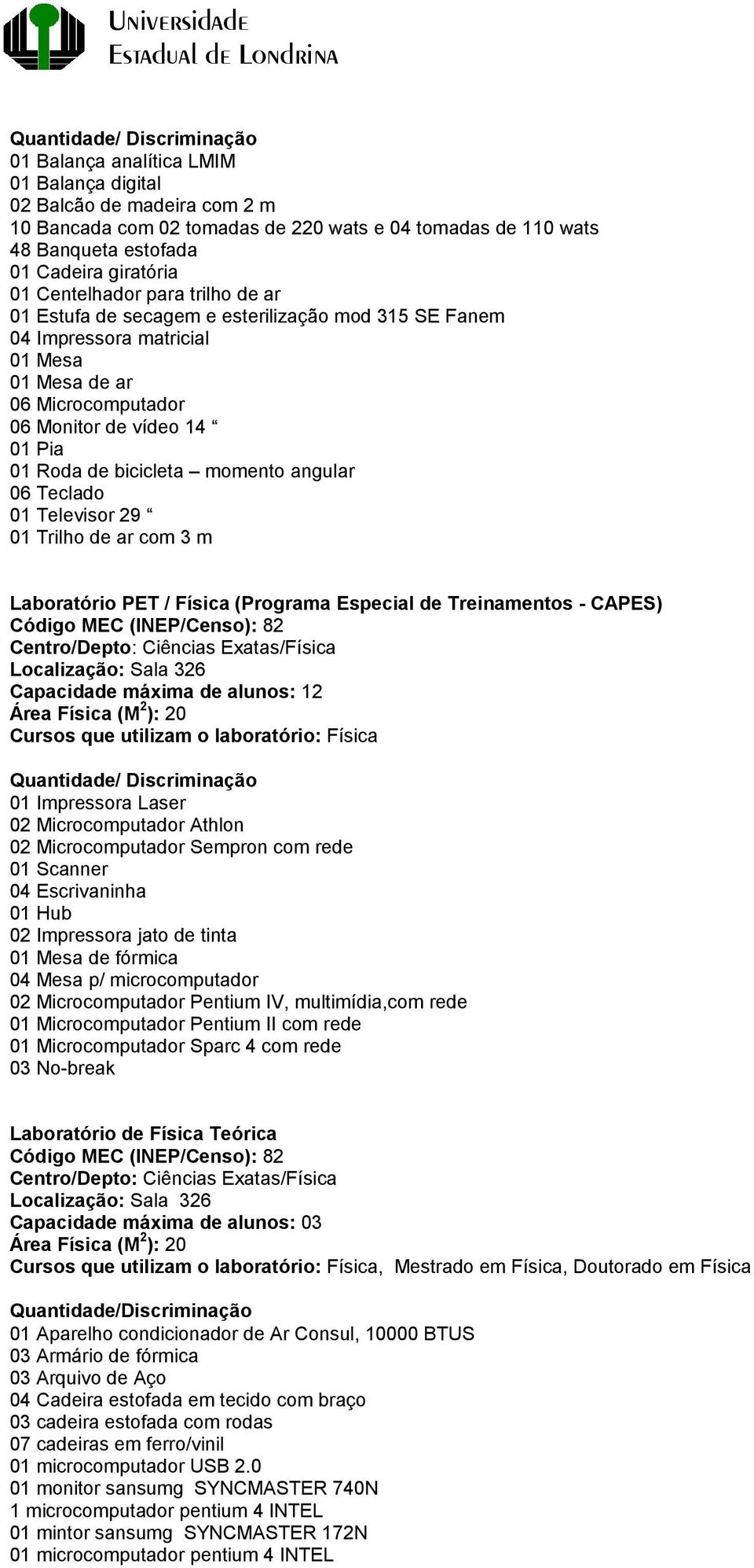 06 Teclado 01 Televisor 29 01 Trilho de ar com 3 m Laboratório PET / Física (Programa Especial de Treinamentos - CAPES) Código MEC (INEP/Censo): 82 Centro/Depto: Ciências Exatas/Física Localização: