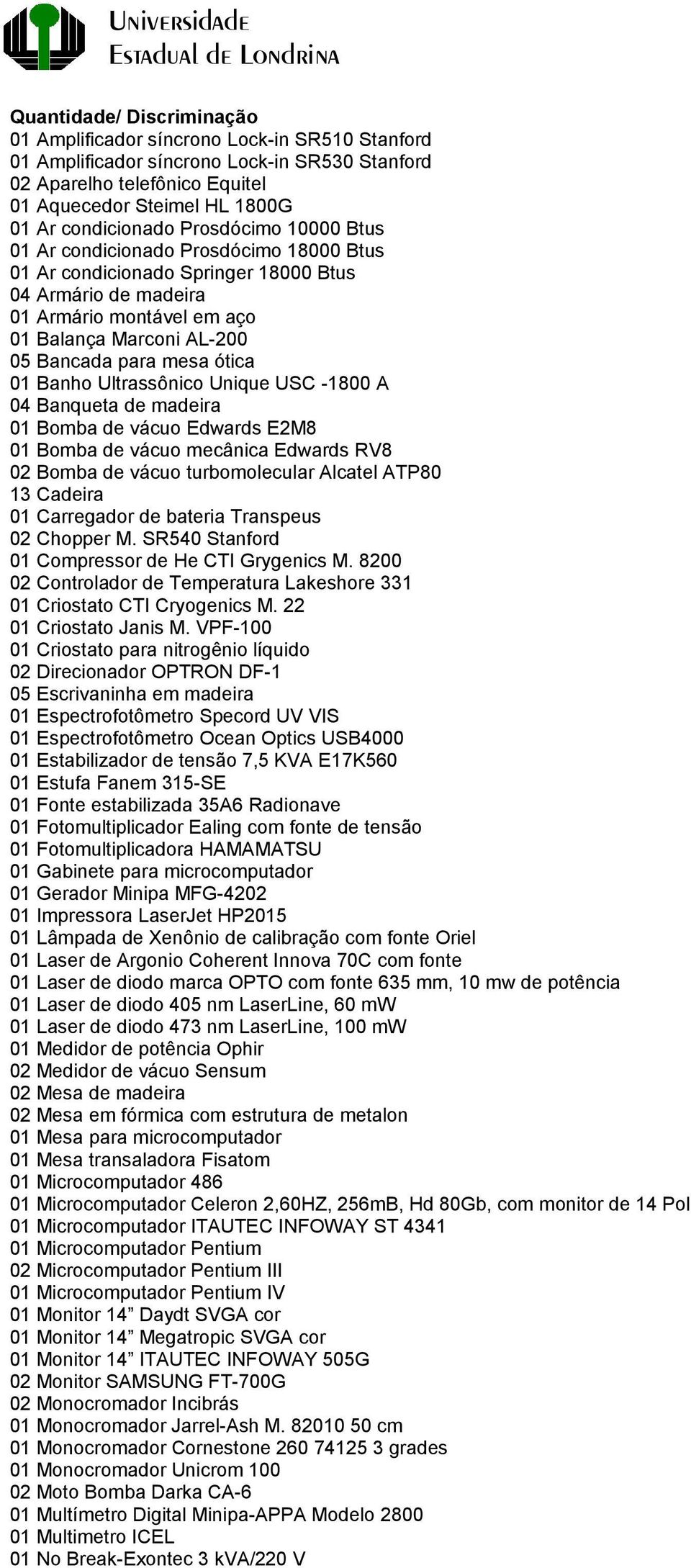 Ultrassônico Unique USC -1800 A 04 Banqueta de madeira 01 Bomba de vácuo Edwards E2M8 01 Bomba de vácuo mecânica Edwards RV8 02 Bomba de vácuo turbomolecular Alcatel ATP80 13 Cadeira 01 Carregador de