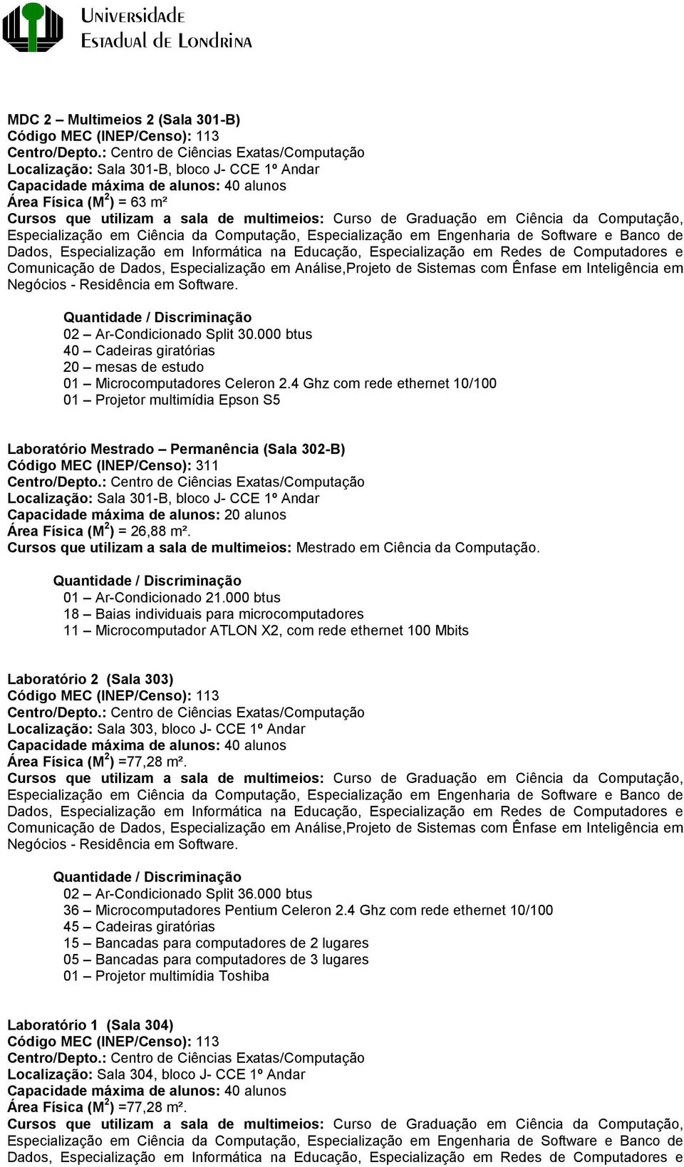 de Graduação em Ciência da Computação, Especialização em Ciência da Computação, Especialização em Engenharia de Software e Banco de Dados, Especialização em Informática na Educação, Especialização em