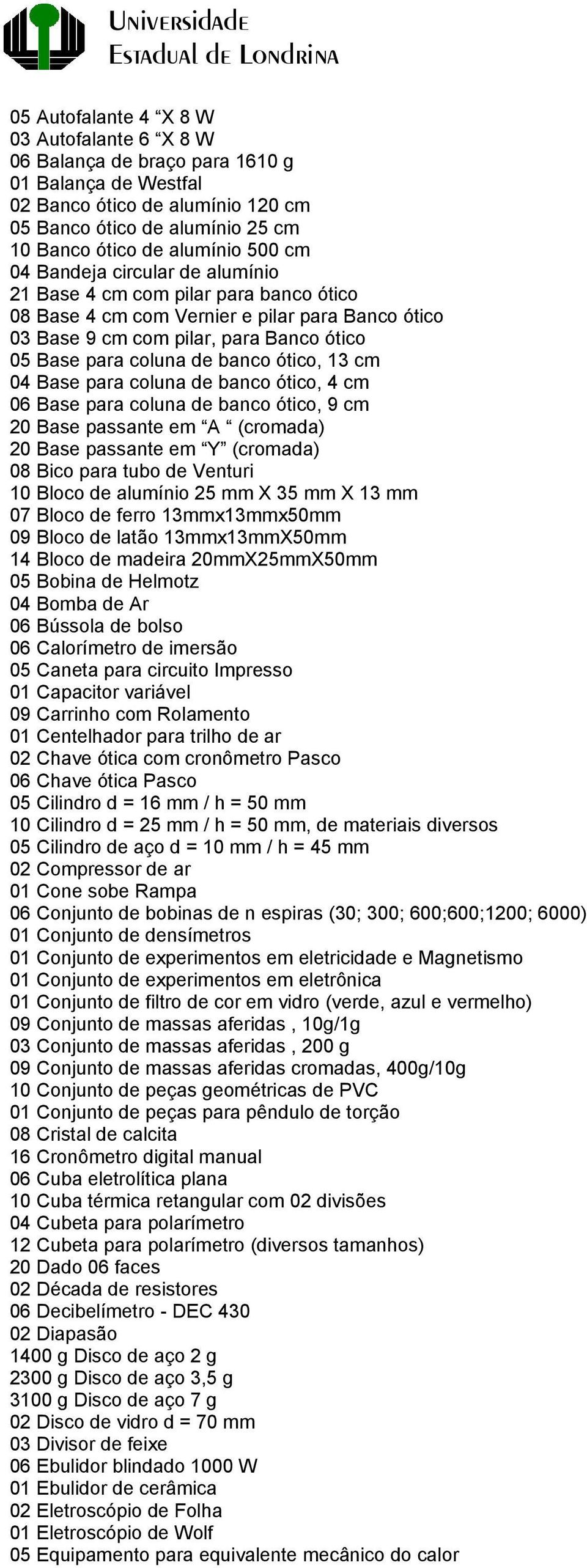 ótico, 13 cm 04 Base para coluna de banco ótico, 4 cm 06 Base para coluna de banco ótico, 9 cm 20 Base passante em A (cromada) 20 Base passante em Y (cromada) 08 Bico para tubo de Venturi 10 Bloco de