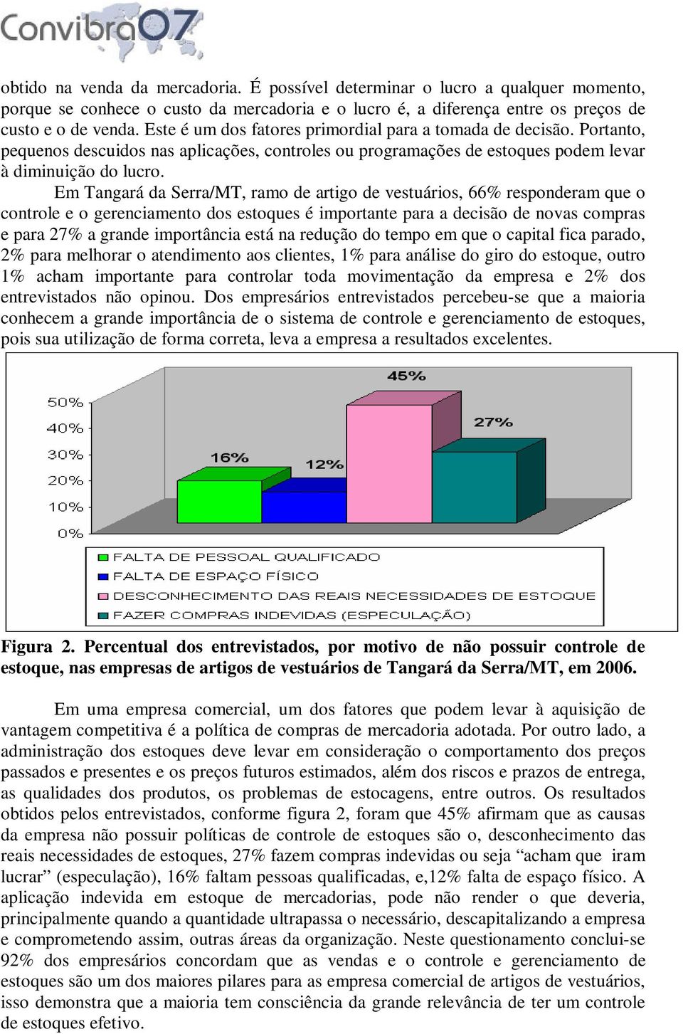 Em Tangará da Serra/MT, ramo de artigo de vestuários, 66% responderam que o controle e o gerenciamento dos estoques é importante para a decisão de novas compras e para 27% a grande importância está