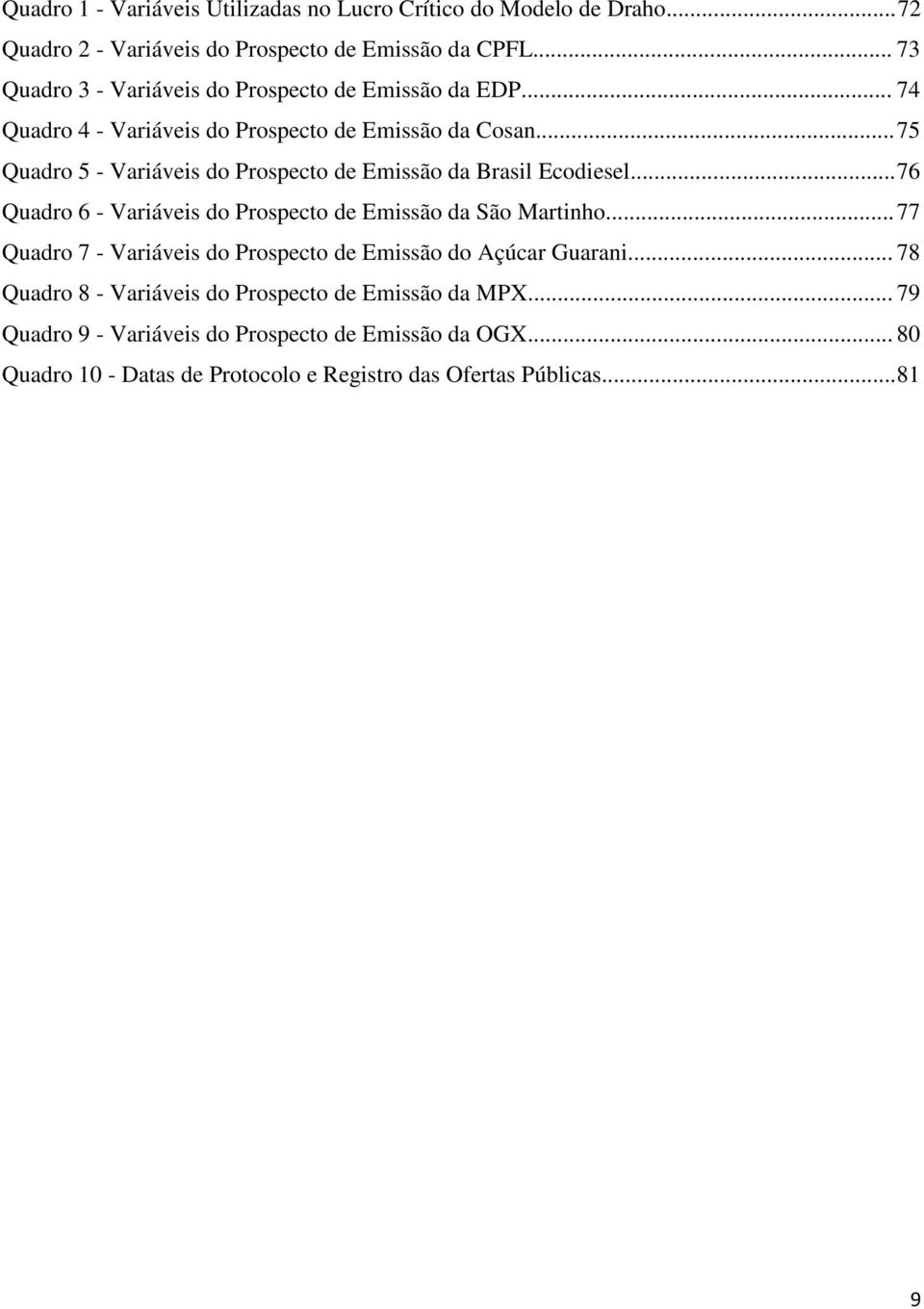 .. 75 Quadro 5 - Variáveis do Prospeco de Emissão da Brasil Ecodiesel... 76 Quadro 6 - Variáveis do Prospeco de Emissão da São Marinho.