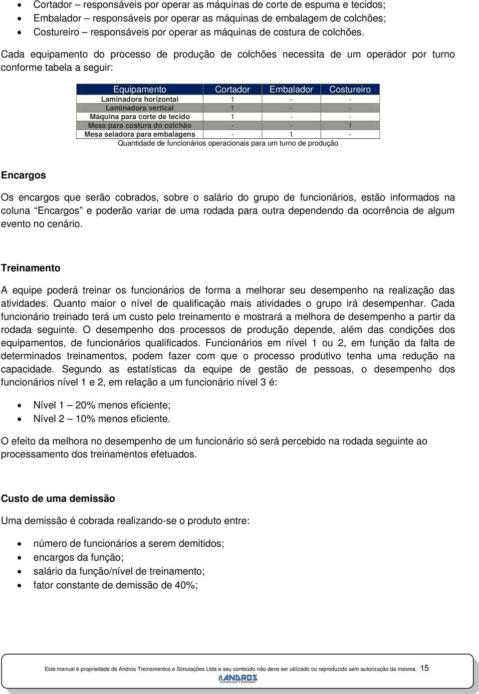 Cada equipamento do processo de produção de colchões necessita de um operador por turno conforme tabela a seguir: Equipamento Cortador Embalador Costureiro Laminadora horizontal 1 - - Laminadora