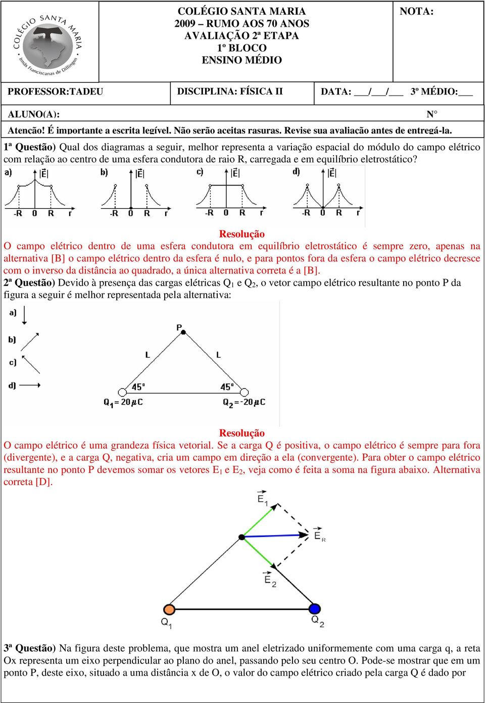 1ª Questão) Qual dos diagramas a seguir, melhor representa a variação espacial do módulo do campo elétrico com relação ao centro de uma esfera condutora de raio, carregada e em equilíbrio