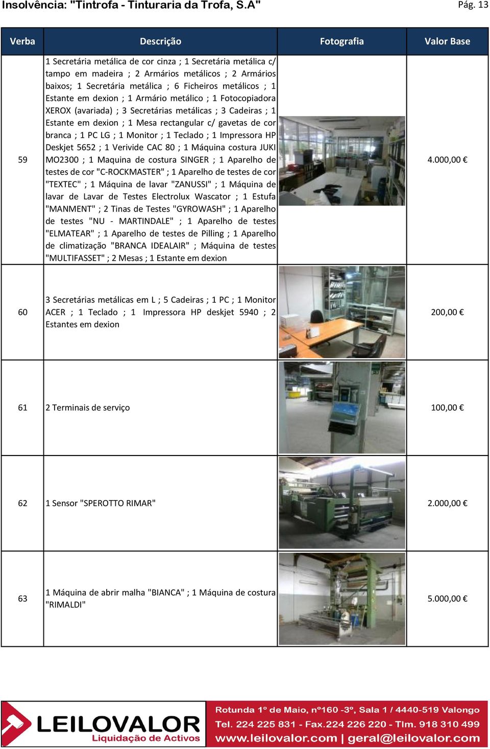 1 Armário metálico ; 1 Fotocopiadora XEROX (avariada) ; 3 Secretárias metálicas ; 3 Cadeiras ; 1 Estante em dexion ; 1 Mesa rectangular c/ gavetas de cor branca ; 1 PC LG ; 1 Monitor ; 1 Teclado ; 1