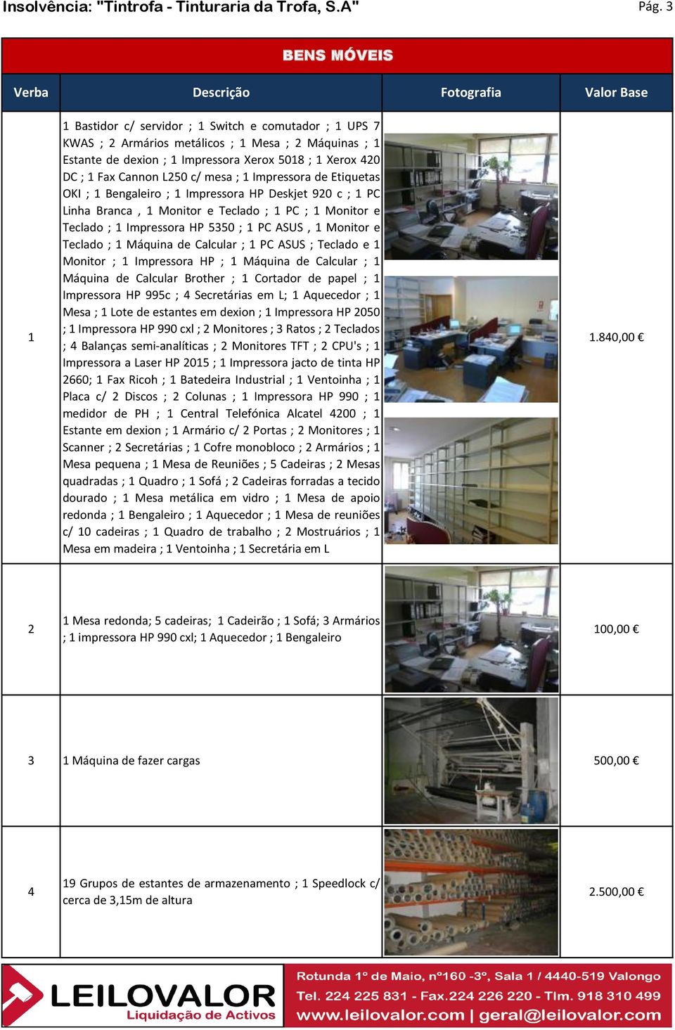 Xerox 5018 ; 1 Xerox 420 DC ; 1 Fax Cannon L250 c/ mesa ; 1 Impressora de Etiquetas OKI ; 1 Bengaleiro ; 1 Impressora HP Deskjet 920 c ; 1 PC Linha Branca, 1 Monitor e Teclado ; 1 PC ; 1 Monitor e