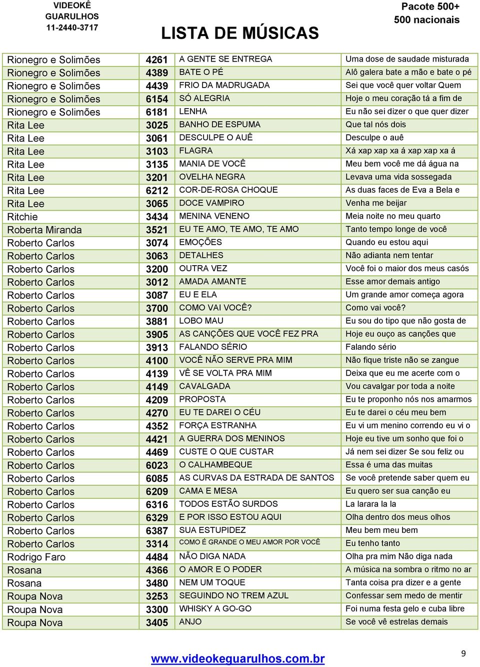 Rita Lee 3061 DESCULPE O AUÊ Desculpe o auê Rita Lee 3103 FLAGRA Xá xap xap xa á xap xap xa á Rita Lee 3135 MANIA DE VOCÊ Meu bem você me dá água na Rita Lee 3201 OVELHA NEGRA Levava uma vida