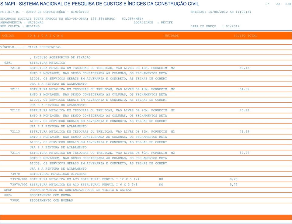 FORNECIM M2 64,69 ENTO E MONTAGEM, NAO SENDO CONSIDERADA AS COLUNAS, OS FECHAMENTOS META LICOS, OS SERVICOS GERAIS EM ALVENARIA E CONCRETO, AS TELHAS DE COBERT URA E A PINTURA DE ACABAMENTO 72112