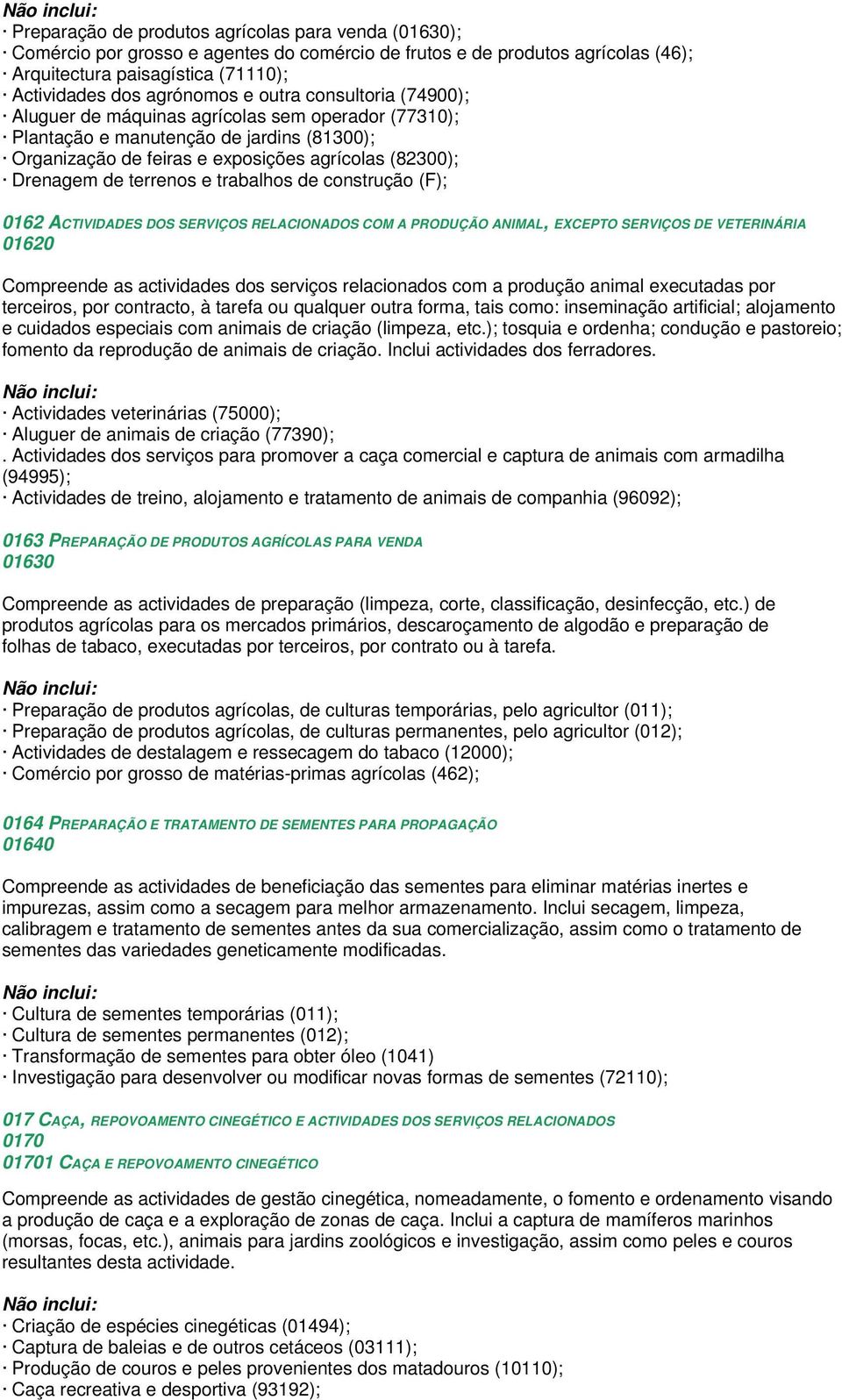 trabalhos de construção (F); 0162 ACTIVIDADES DOS SERVIÇOS RELACIONADOS COM A PRODUÇÃO ANIMAL, EXCEPTO SERVIÇOS DE VETERINÁRIA 01620 Compreende as actividades dos serviços relacionados com a produção