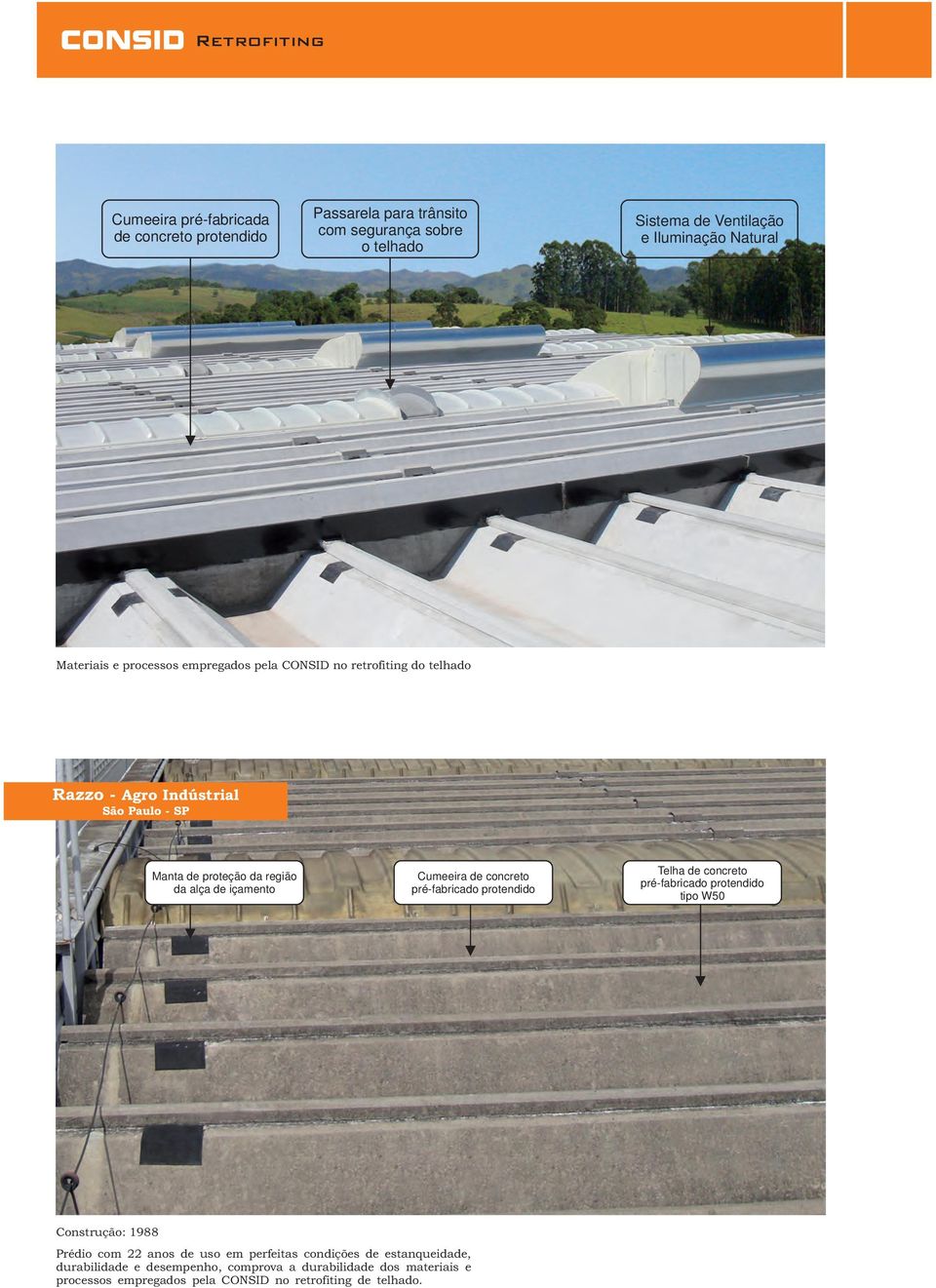 içamento Cumeeira de concreto pré-fabricado protendido Telha de concreto pré-fabricado protendido tipo W50 Construção: 1988 Prédio com 22 anos de uso em