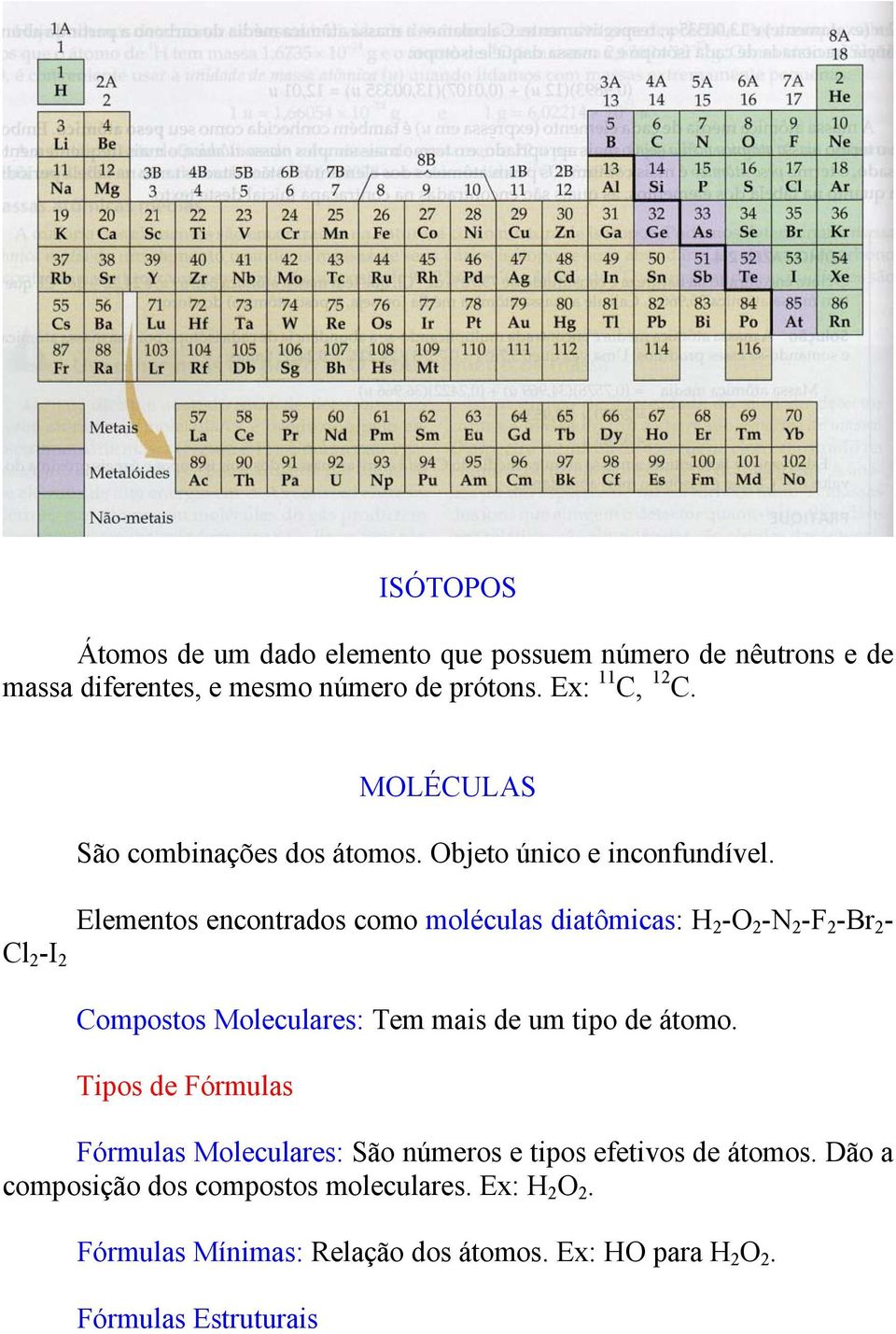 Cl 2 -I 2 Elementos encontrados como moléculas diatômicas: H 2 -O 2 -N 2 -F 2 -Br 2 - Compostos Moleculares: Tem mais de um tipo de átomo.