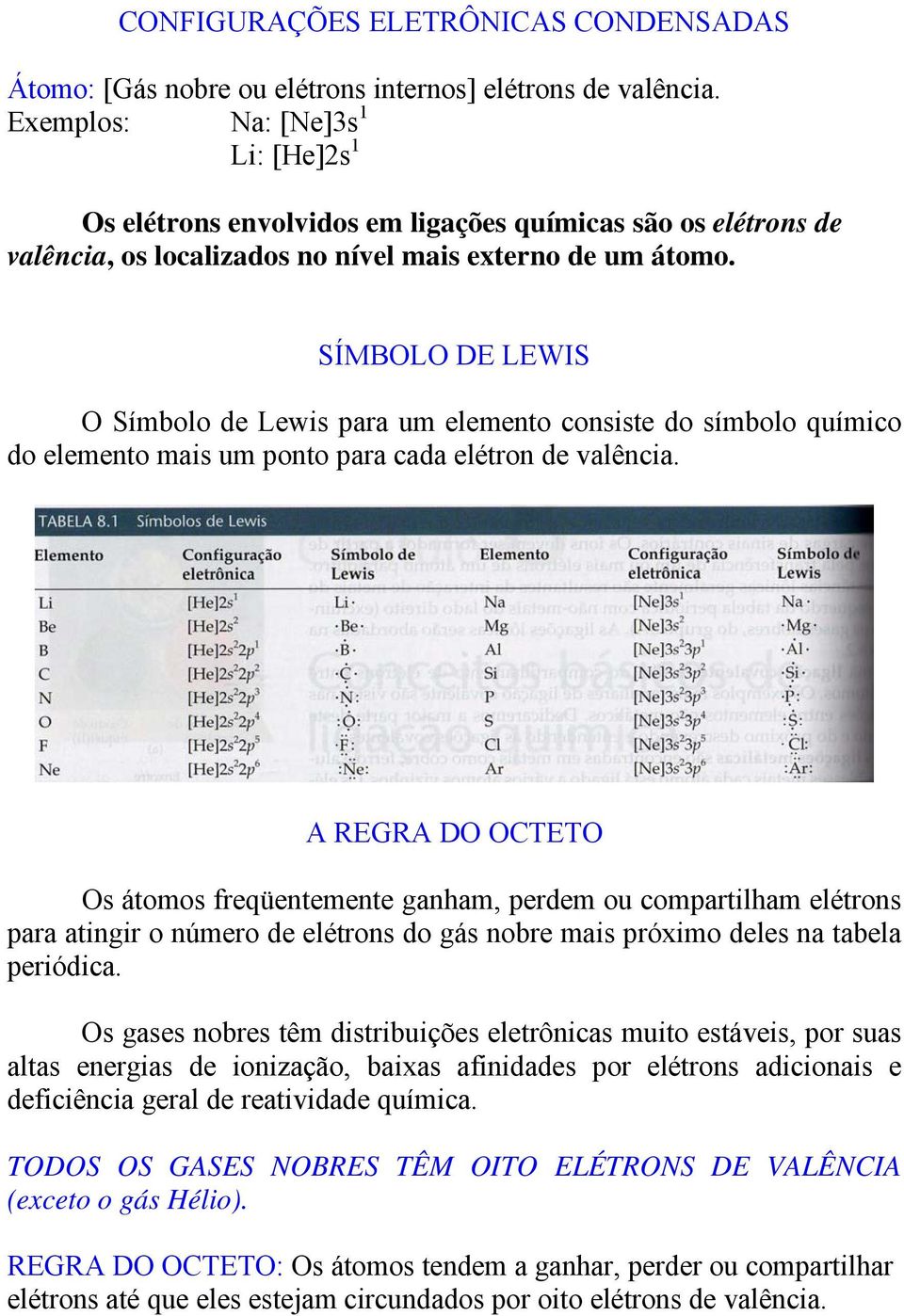 SÍMBOLO DE LEWIS O Símbolo de Lewis para um elemento consiste do símbolo químico do elemento mais um ponto para cada elétron de valência.