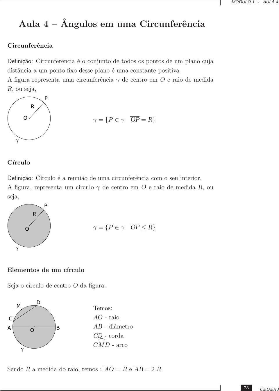 A figura representa uma circunferência γ de centro em O e raio de medida R, ou seja, γ = {P γ OP = R} Círculo Definição: Círculo é a reunião de uma circunferência