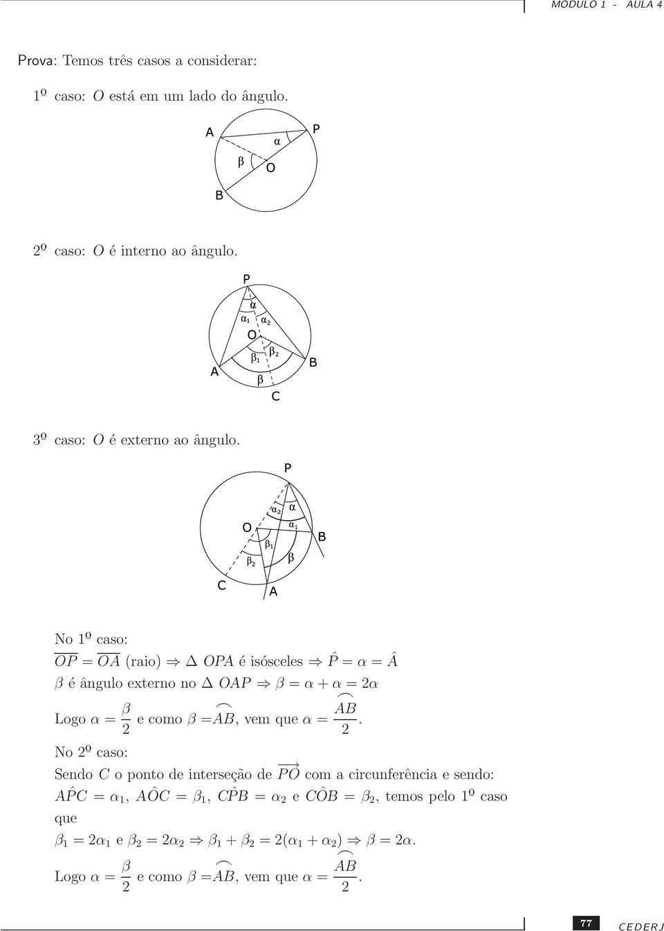 No 1ö caso: OP = OA (raio) OPA é isósceles ˆP = α = Â β é ângulo externo no OAP β = α + α = α Logo α = β e como β = AB AB, vem que α