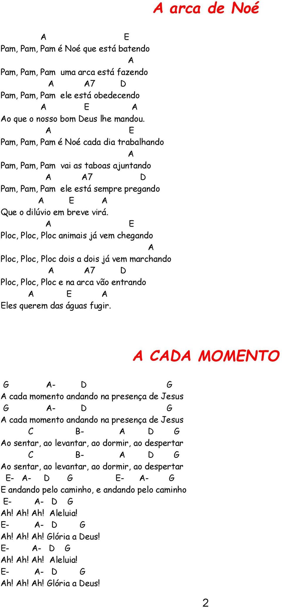 Ploc, Ploc, Ploc animais já vem chegando Ploc, Ploc, Ploc dois a dois já vem marchando 7 D Ploc, Ploc, Ploc e na arca vão entrando les querem das águas fugir.