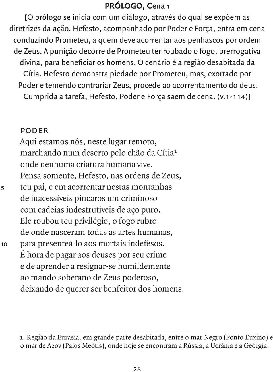 A punição decorre de Prometeu ter roubado o fogo, prerrogativa divina, para beneficiar os homens. O cenário é a região desabitada da Cítia.