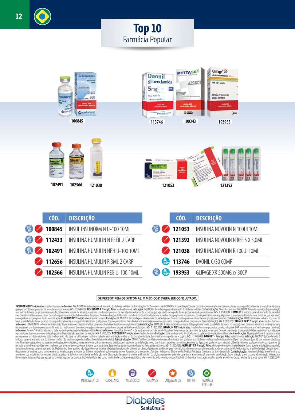 113746 DAONIL C/30 COMP 193953 GLIFAGE XR 500MG c/ 30CP INSUNORM N Princípio Ativo: insulina humana. Indicações: INSUNORM N é indicado para o tratamento do diabetes mellitus.