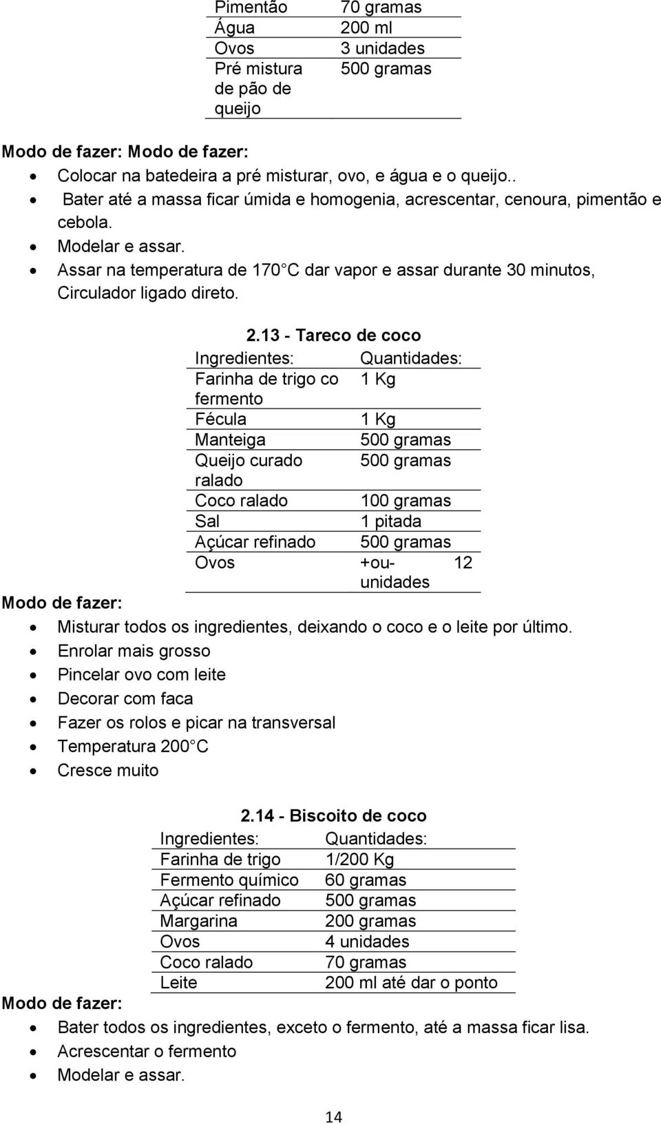 13 - Tareco de coco Farinha de trigo co 1 Kg fermento Fécula 1 Kg Manteiga 500 gramas Queijo curado 500 gramas ralado Coco ralado 100 gramas 1 pitada refinado 500 gramas +ou- 12 unidades Misturar