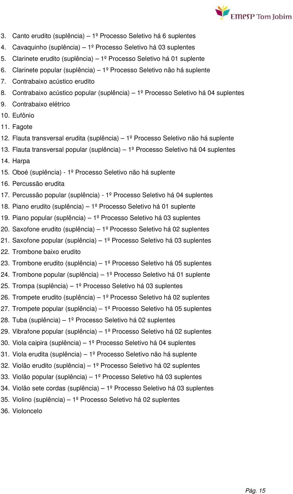 Contrabaixo elétrico 10. Eufônio 11. Fagote 12. Flauta transversal erudita (suplência) 1º Processo Seletivo não há suplente 13.