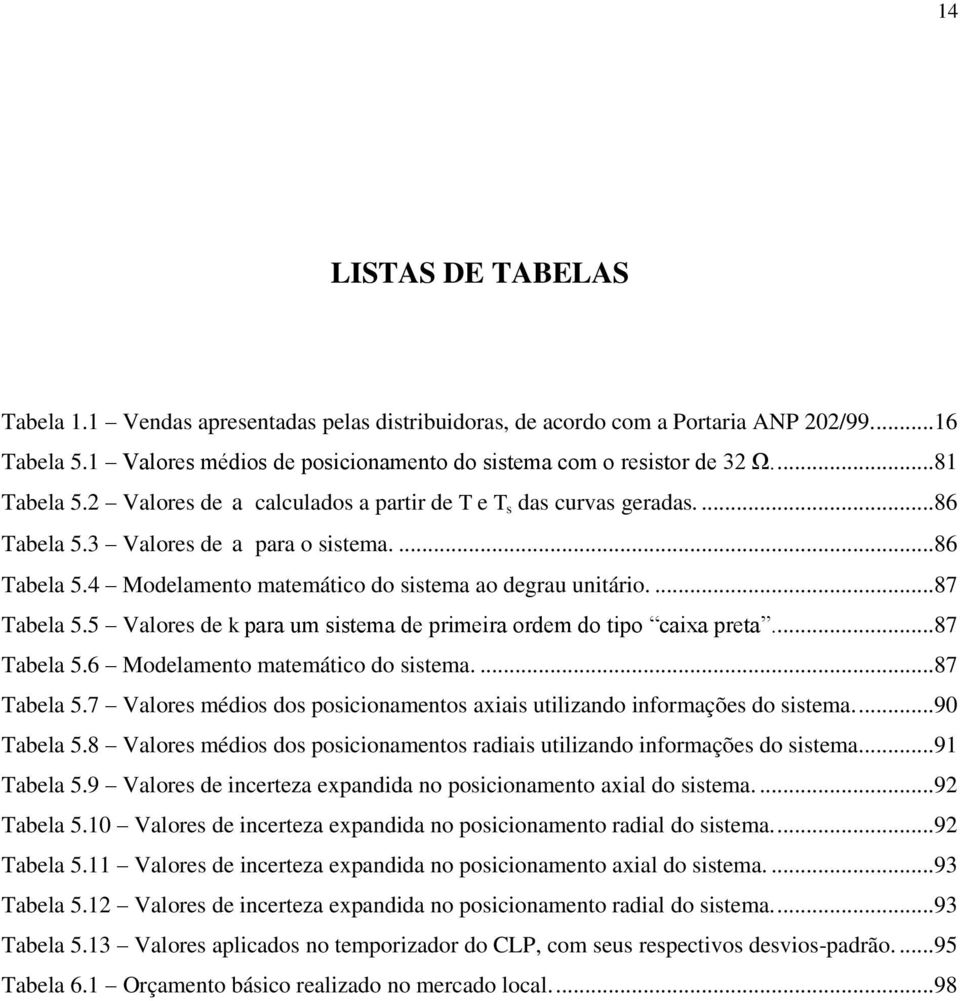 ...87 Tabela 5.5 Valores de k para um sistema de primeira ordem do tipo caixa preta....87 Tabela 5.6 Modelamento matemático do sistema....87 Tabela 5.7 Valores médios dos posicionamentos axiais utilizando informações do sistema.