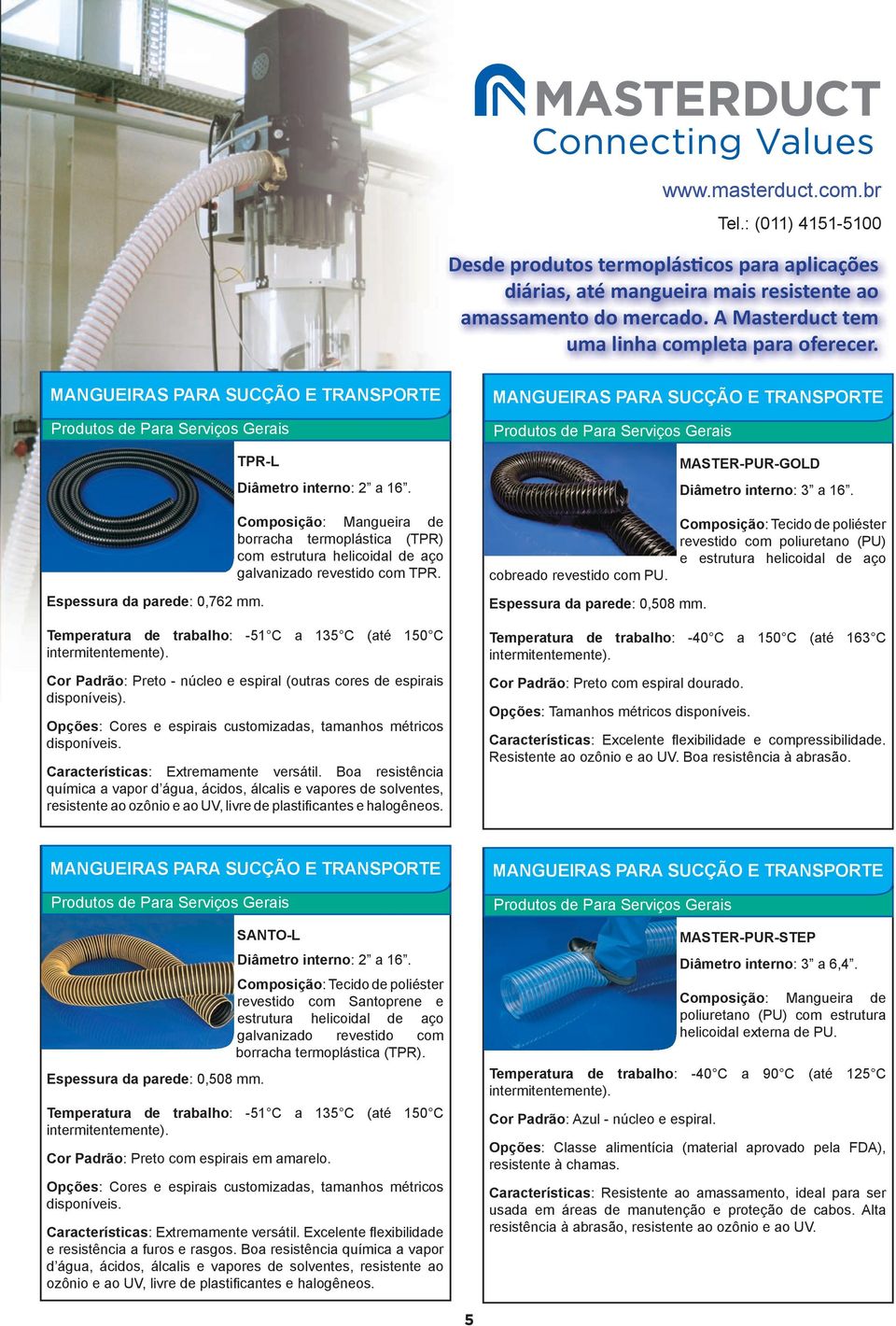 Composição: Mangueira de borracha termoplástica (TPR) com estrutura helicoidal de aço galvanizado revestido com TPR.