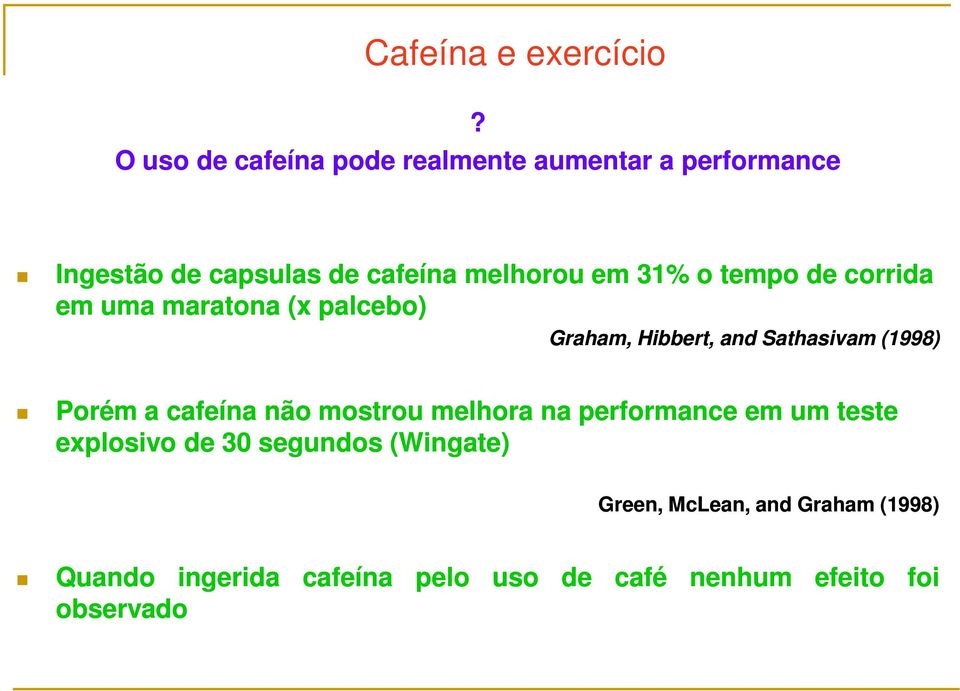 o tempo de corrida em uma maratona (x palcebo) Graham, Hibbert, and Sathasivam (1998) Porém a cafeína