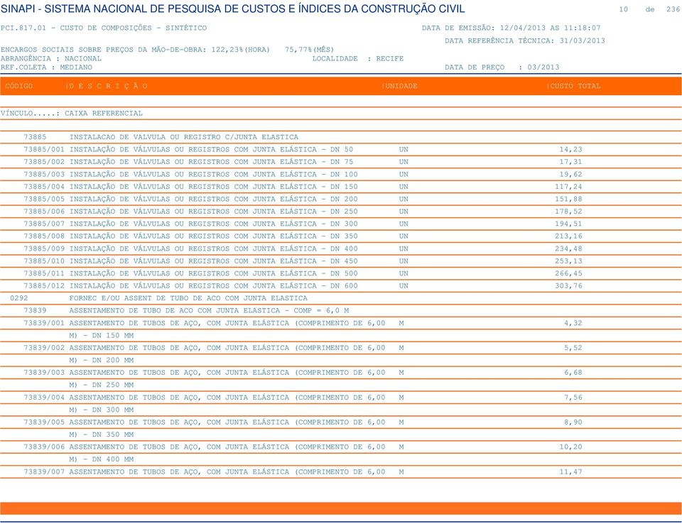 73885/005 INSTALAÇÃO DE VÁLVULAS OU REGISTROS COM JUNTA ELÁSTICA - DN 200 UN 151,88 73885/006 INSTALAÇÃO DE VÁLVULAS OU REGISTROS COM JUNTA ELÁSTICA - DN 250 UN 178,52 73885/007 INSTALAÇÃO DE