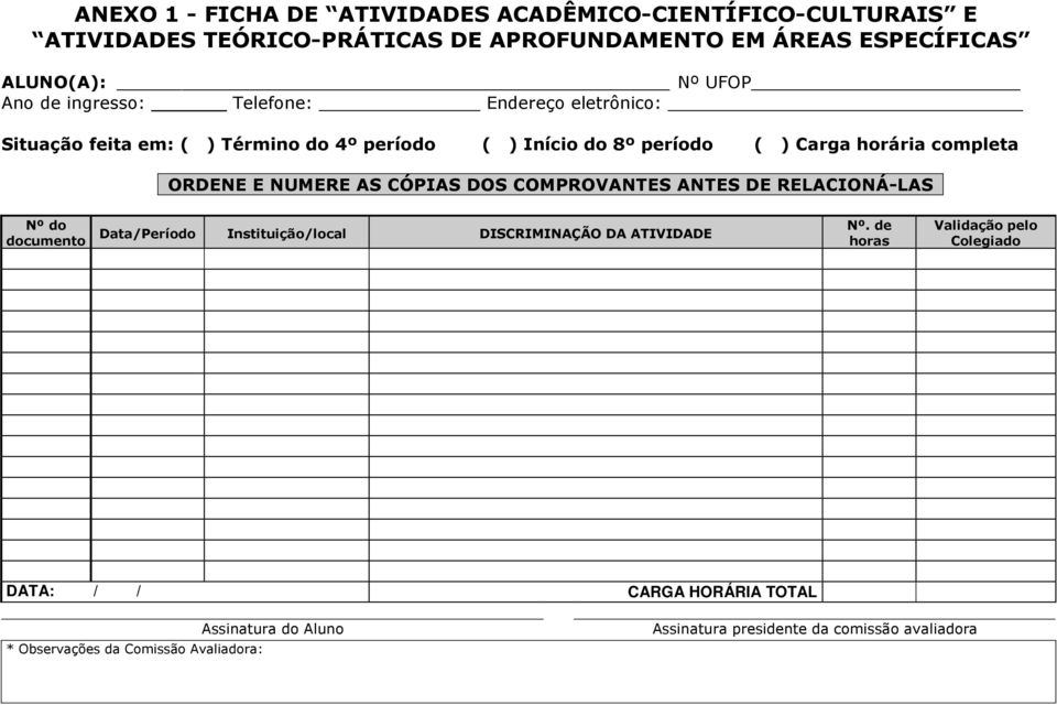 ORDENE E NUMERE AS CÓPIAS DOS COMPROVANTES ANTES DE RELACIONÁ-LAS Nº do documento Data/Período Instituição/local DISCRIMINAÇÃO DA ATIVIDADE Nº.