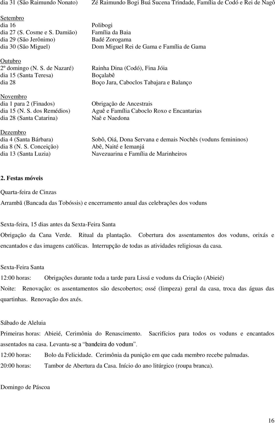 Outubro 2º domingo (N. S. de Nazaré) Rainha Dina (Codó), Fina Jóia dia 15 (Santa Teresa) Boçalabê dia 28 Boço Jara, Caboclos Tabajara e Balanço Novembro dia 1 para 2 (Finados) dia 15 (N. S. dos Remédios) dia 28 (Santa Catarina) Dezembro dia 4 (Santa Bárbara) dia 8 (N.