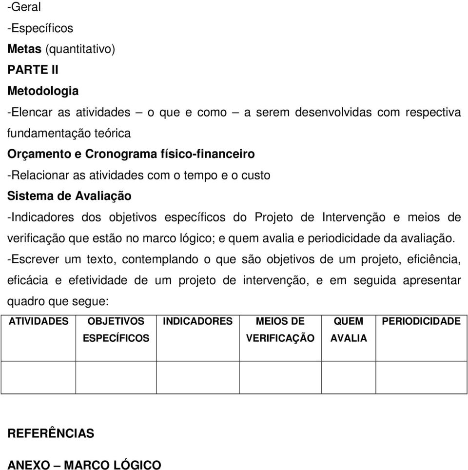 estão no marco lógico; e quem avalia e periodicidade da avaliação.