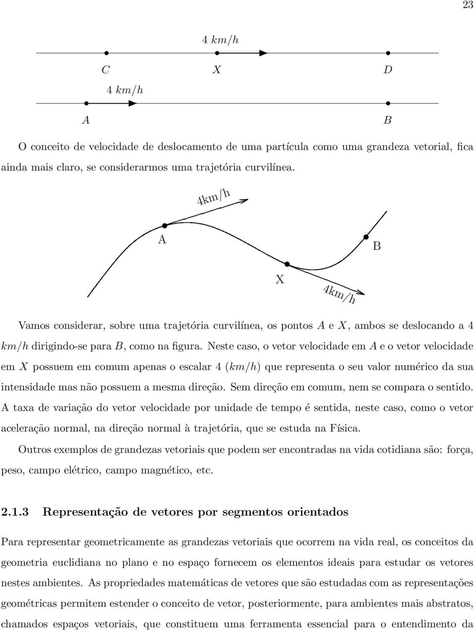 Neste caso, o vetor velocidade em A e o vetor velocidade em X possuem em comum apenas o escalar 4 (km/h) que representa o seu valor numérico da sua intensidade mas não possuem a mesma direção.