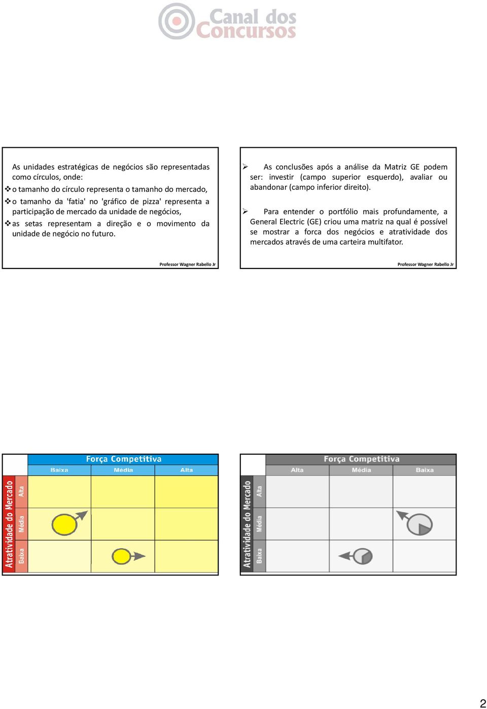 As conclusões após a análise da Matriz GE podem ser: investir (campo superior esquerdo), avaliar ou abandonar (campo inferior direito).