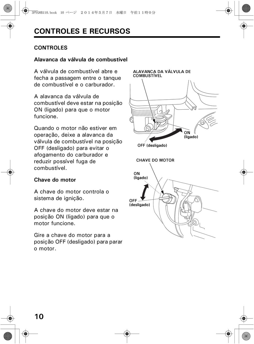 ALAVANCA DA VÁLVULA DE COMBUSTÍVEL A alavanca da válvula de combustível deve estar na posição ON (ligado) para que o motor funcione.