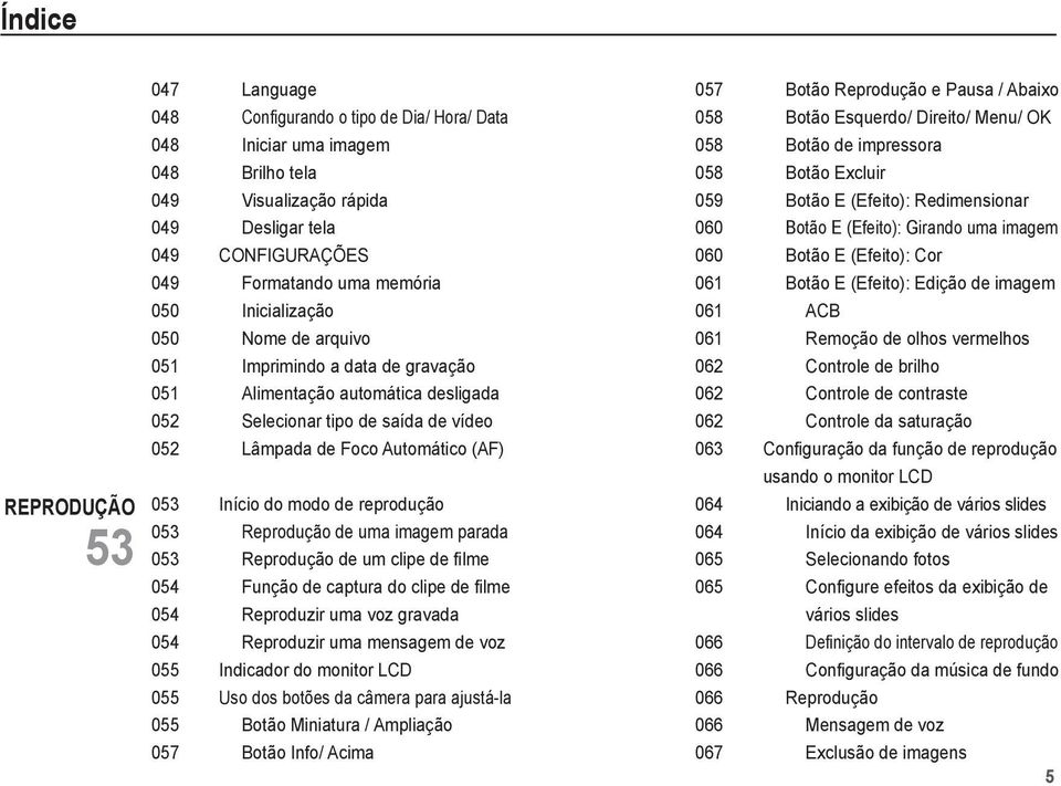 Início do modo de reprodução 053 Reprodução de uma imagem parada 053 Reprodução de um clipe de filme 054 Função de captura do clipe de filme 054 Reproduzir uma voz gravada 054 Reproduzir uma mensagem