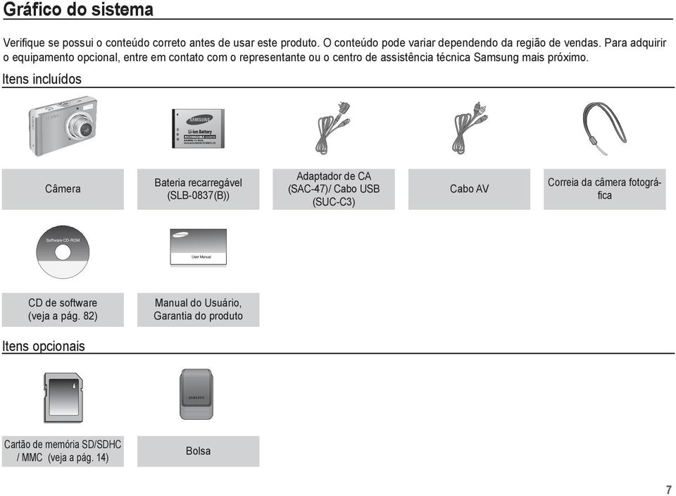 Para adquirir o equipamento opcional, entre em contato com o representante ou o centro de assistência técnica Samsung mais próximo.