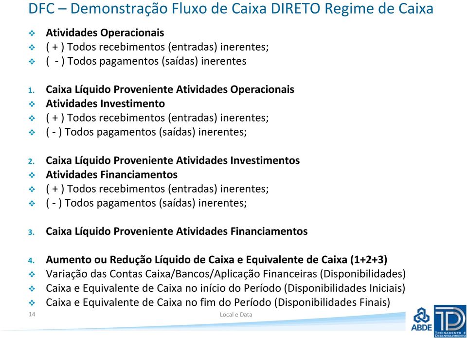 Caixa Líquido Proveniente Atividades Investimentos Atividades Financiamentos ( + ) Todos recebimentos (entradas) inerentes; ( ) Todos pagamentos (saídas) inerentes; 3.