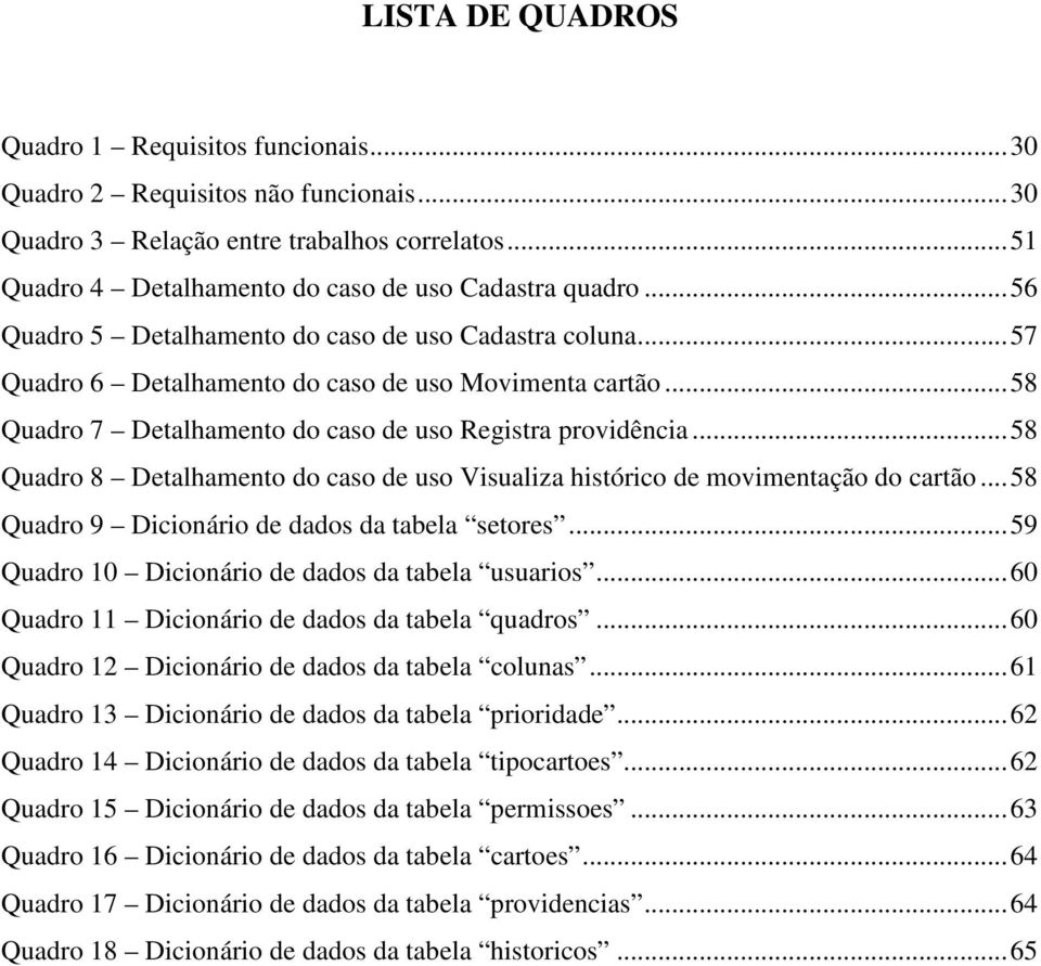 .. 58 Quadro 8 Detalhamento do caso de uso Visualiza histórico de movimentação do cartão... 58 Quadro 9 Dicionário de dados da tabela setores... 59 Quadro 10 Dicionário de dados da tabela usuarios.