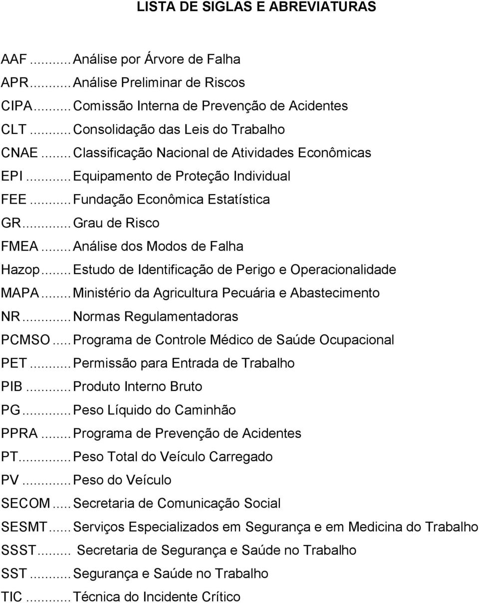 .. Estudo de Identificação de Perigo e Operacionalidade MAPA... Ministério da Agricultura Pecuária e Abastecimento NR... Normas Regulamentadoras PCMSO.