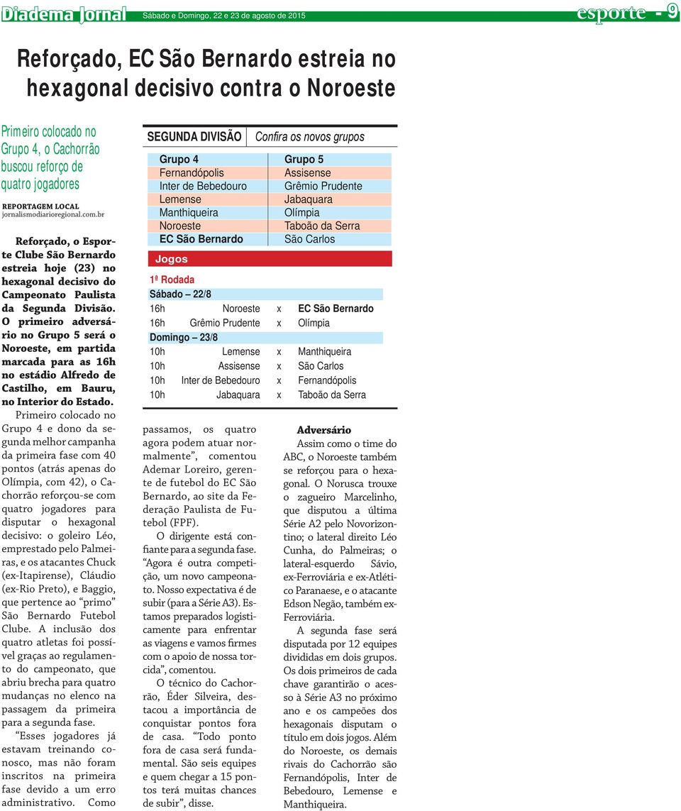 O primeiro adversário no Grupo 5 será o Noroeste, em partida marcada para as 16h no estádio Alfredo de Castilho, em Bauru, no Interior do Estado.